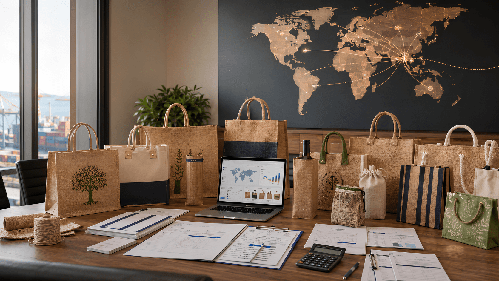 Premium eco-friendly jute bags with export documents and global shipping routes, illustrating the process of importing jute bags from India.