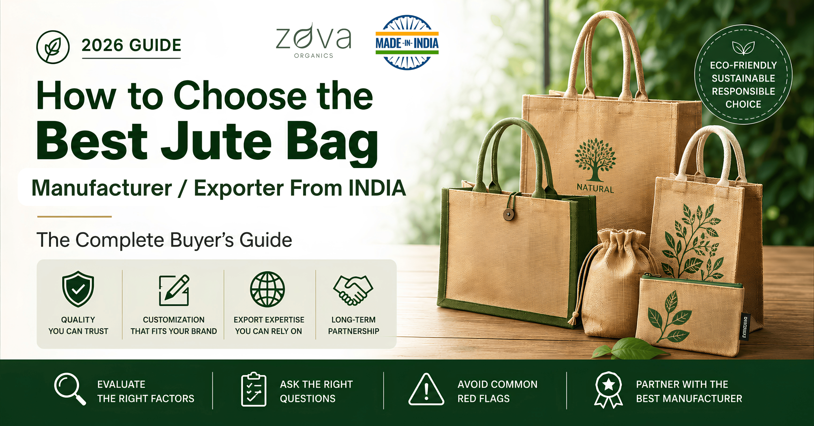 Premium eco-friendly jute bags displayed with export documents and global shipping routes, illustrating how to choose the best jute bag manufacturer and exporter from India.