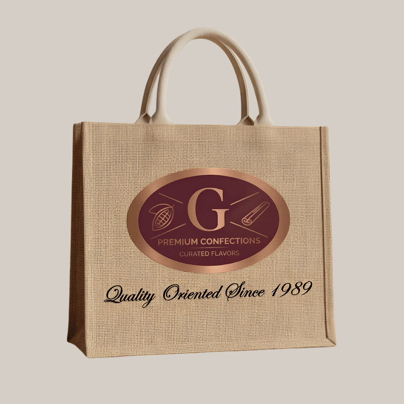 Custom printed eco-friendly 300 GSM burlap jute shopping bag, large supermarket tote bag with strong handles for grocery and retail use by Zova Organics.