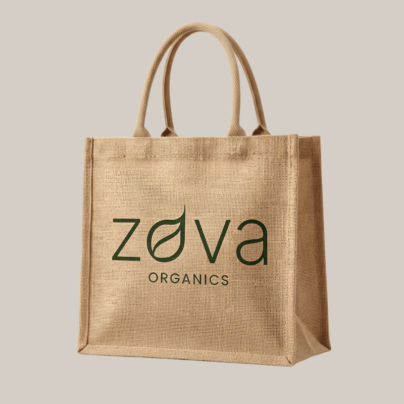 Eco-friendly custom printed jute tote bag by Zova Organics made from 300 GSM burlap material, 14x12x5 size with sturdy handles for shopping and branding use.